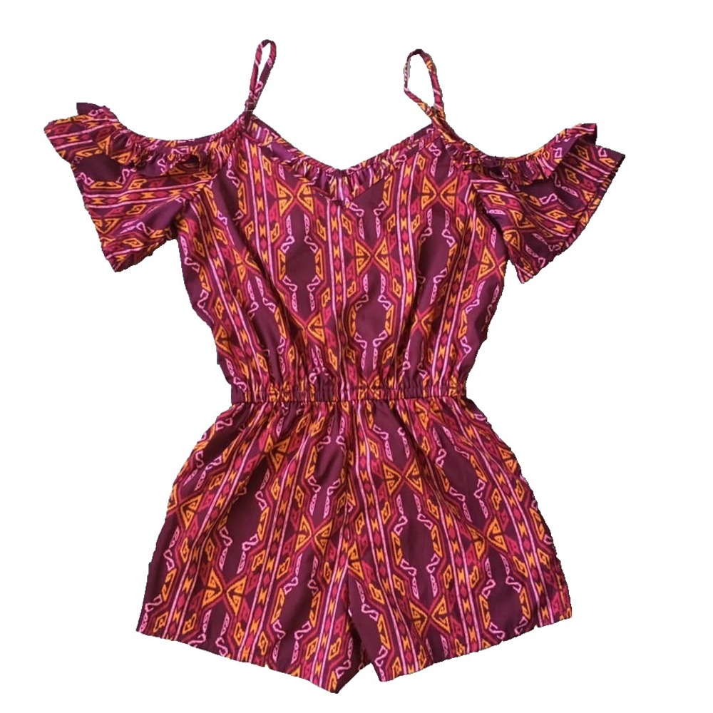 Boho Short Romper Junior Women XS Jumpsuit Tribal Cold Shoulder 1 Piece Coverup - Picture 1 of 6